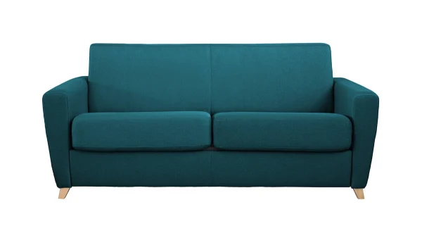 livraison la plus rapide Canapé Convertible 3 Places En Tissu Bleu Canard Et Bois Clair Avec Matelas L140 Cm 12 Cm GRAHAM 1