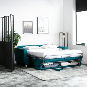livraison la plus rapide Canapé Convertible 3 Places En Tissu Bleu Canard Et Bois Clair Avec Matelas L140 Cm 12 Cm GRAHAM 24