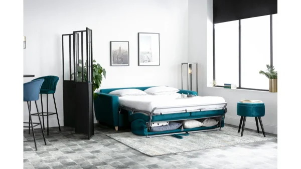 livraison la plus rapide Canapé Convertible 3 Places En Tissu Bleu Canard Et Bois Clair Avec Matelas L140 Cm 12 Cm GRAHAM 8