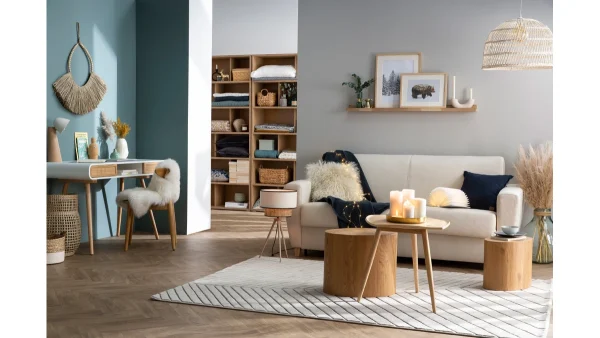 livraison la plus rapide Canapé Convertible 3 Places En Tissu Bleu Canard Et Bois Clair Avec Matelas L140 Cm 12 Cm GRAHAM 9