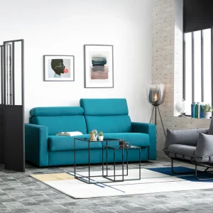 Canapé Convertible Avec Têtières Ajustables 3 Places En Tissu Bleu Canard Avec Matelas 12 Cm NORO Livraison gratuite 23
