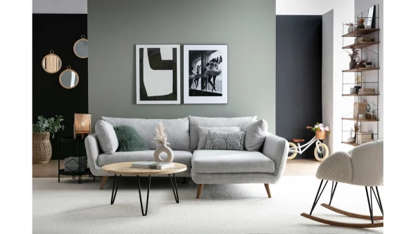 REMISE allant jusqu. Canapé D’angle Droit Scandinave 3-4 Places En Tissu Gris Clair Chiné Et Bois Clair CREEP 6